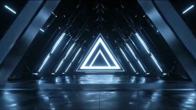 Abstract geometric triangle tunnel with blue neon lights 3 d render
