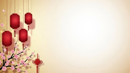 Chinese lanterns and cherry blossoms against a beige background.