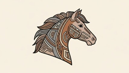 A stylized, ornate illustration of a horse's head with intricate patterns and textures.
