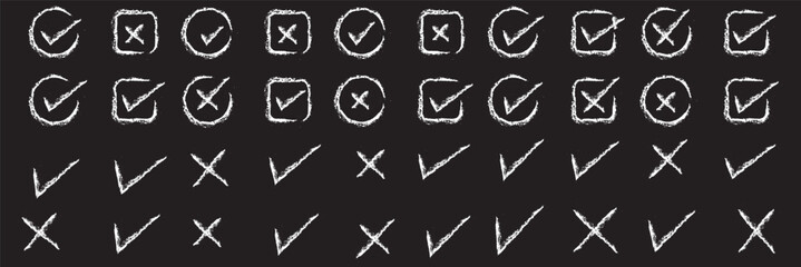 Doodle hand drawn chalk check mark set. sketch check boxes, tick and cross symbols. tick cross signs. Crayon grunge check mark elements. isolated on white background, vector illustration. © Top