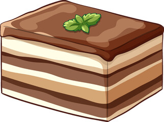 Delicious Layered Tiramisu Cake Slice with Chocolate Topping and Mint Leaf © GraphicsRF