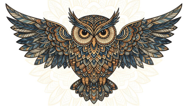 Decorative owl design combined with intricate mandala patterns