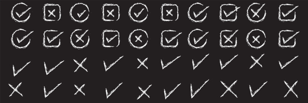 Doodle hand drawn chalk check mark set. sketch check boxes, tick and cross symbols. tick cross signs. Crayon grunge check mark elements. isolated on white background, vector illustration.