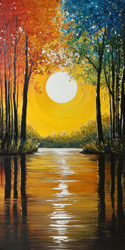 Colorful Forest Reflection with White Sun