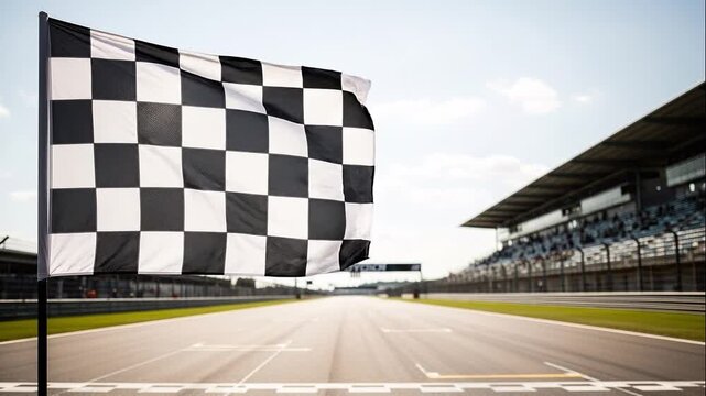 Checkered Flag Waving at Empty Motorsport Race Track Finish Line