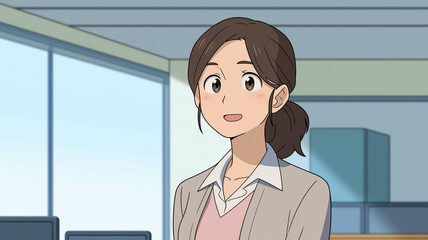 職場の人間関係　説明をする女性キャラクター　オフィス会話シーン　プレゼン中の一幕　チームリーダー　提案シーン　ビジネスアニメ素材　日本風イラスト　会話中の人物　資料作成向け背景素材