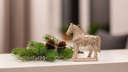A wooden horse ornament with a decorative golden bow on a white table with green pine branches and pine cones.