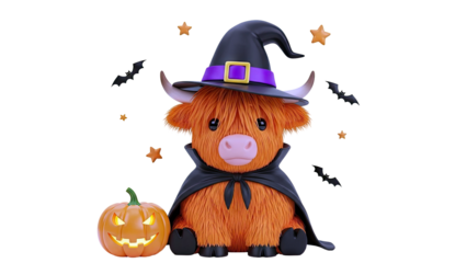 Cute Highland Cow Dressed for Halloween with Pumpkin