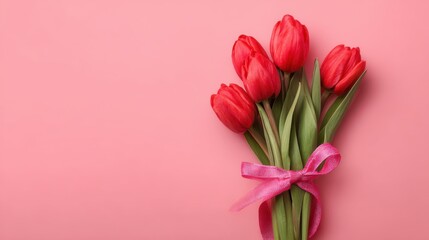 Mothers Day, Valentines Day, love holiday theme. A vibrant bouquet of red tulips tied with a pink ribbon against a soft pink background. The tulips are arranged in a cluster.