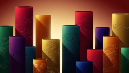 A colorful array of cylindrical objects with intricate designs, including a dragon and clouds, against a gradient background.