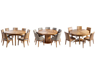  Modern Round Wooden Dining Table with Six Chairs, Front Perspective, isolated on transparent background