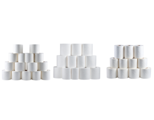 Stack of White Toilet Paper Rolls in Vertical Tower, Front View, Isolated on Transparent Background