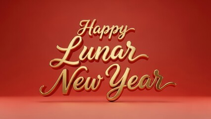 A red and gold text on a red background. The text is in cursive and reads 'Happy Lunar New Year'. The background is a solid red color.