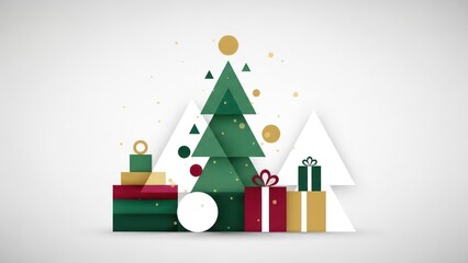 A Christmas tree with presents and decorations against a white background.