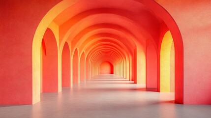 Fototapeta premium A minimalist 3D render of a long, symmetric hallway featuring repetitive orange and pink arches. The soft, warm lighting creates a rhythmic, surreal, and modern architectural perspective.