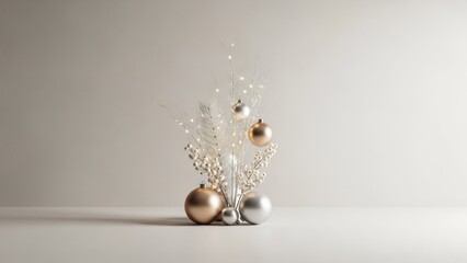 A minimalist Christmas tree with gold and silver ornaments and white branches against a white background.