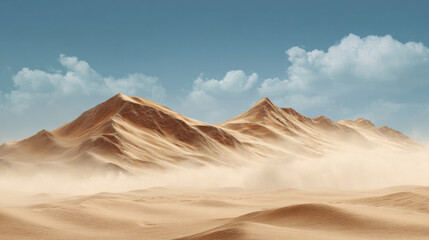 Desert landscape with dynamic sand dunes under blue sky and drifting clouds, tranquil mood