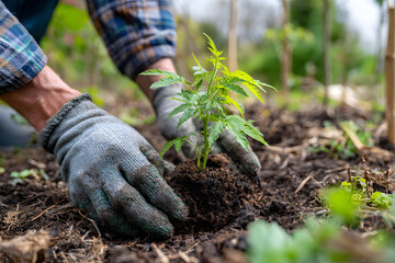 Gardening enthusiast plants young cannabis seedling in rich soil during sunny day