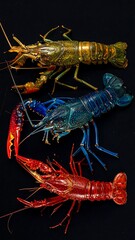 Three crawfish, each a different color, rest against a dark background in a vertical arrangement