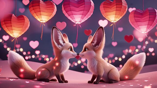 Valentine's Day Fennec Foxes - Two adorable fennec foxes sit nose-to-nose, gazing at each other lovingly in a romantic scene.