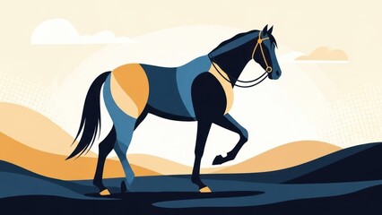 A black and orange horse galloping in a desert landscape with a cloudy sky.