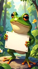 Cartoon frog holding a blank sign, amidst lush greenery, in a sunny forest scene