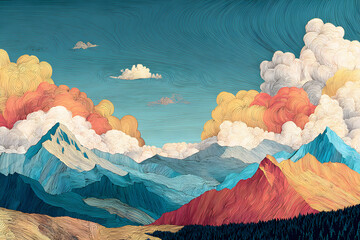 Colorful abstract landscape artwork featuring mountains, clouds, and vibrant skies at sunset