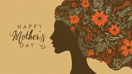 Mothers Day, Valentines Day, love holiday theme. A woman with a floral pattern in her hair, set against a beige background, with the words Happy Mothers Day written on the left side.