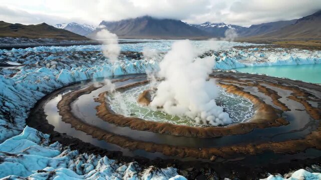 Geothermal landscape between glaciers in Iceland
