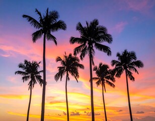 Obraz premium Silhouetted palm trees grace a vibrant sunset, their dark forms contrasting against the colorful sky. The horizon glows with oranges, pinks, and purples