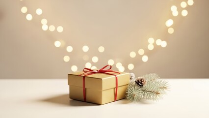 A gold gift box with a red ribbon and a pine cone on a white table with a bokeh background.