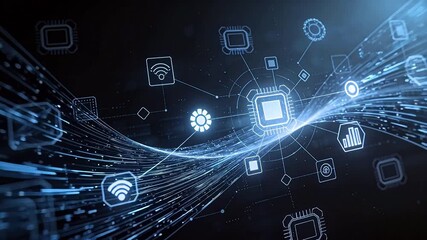 Digital network with icons and data flow - Powered by Adobe