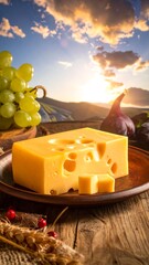 A block of cheese with grapes and figs set on a wooden table against a sunset landscape backdrop