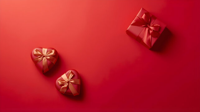 Three red gift boxes, two heart-shaped and one rectangular, arranged on a red background, viewed from directly above, Untitled design 2026-01-16T094637.784.png style