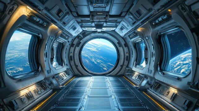 Interior View of Futuristic Spaceship Cockpit Overlooking Earth with City Lights at Night and Starry Sky