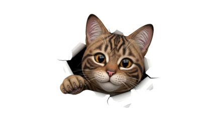 Cute tabby cat peeking through ripped paper