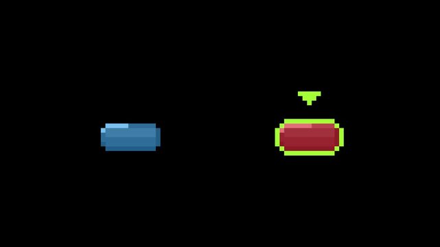 8-bit pixel art blue pill and red pill selection. looped animation 4k 30fps
