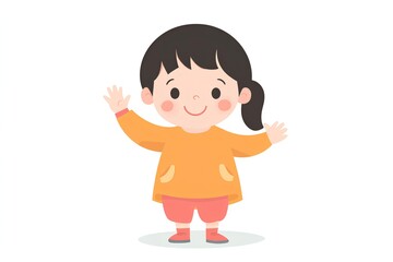 Fototapeta premium Cute little girl smiling and waving hand. Cartoon illustration.