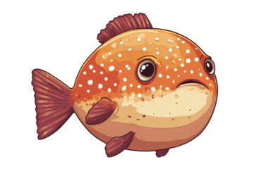 Cute cartoon puffer fish illustration on transparent background.