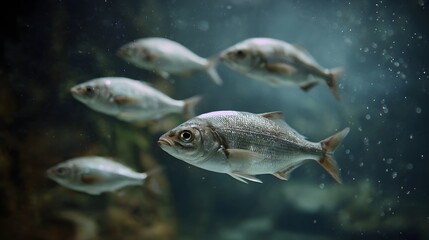 Naklejka premium A school of silvery fish swims through dark blue underwater depths with subtle bubbles rising