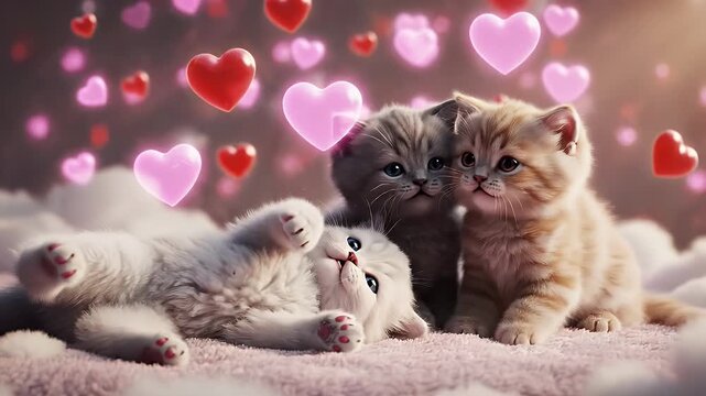 Kittens with Hearts for Valentine's Day - Three adorable kittens play amongst floating red and pink hearts. One kitten rolls on its back showing its paws.