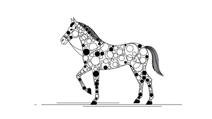 A black and white illustration of a horse with a pattern of circles and dots on its body.
