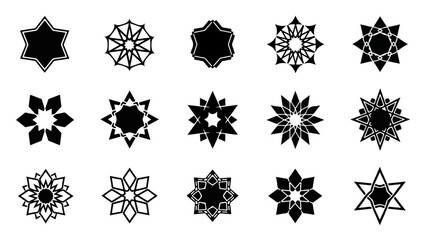Collection of 15 Geometric Star Icons Vector Set | Black Mandala, Snowflake, and Islamic Ornamental Shapes