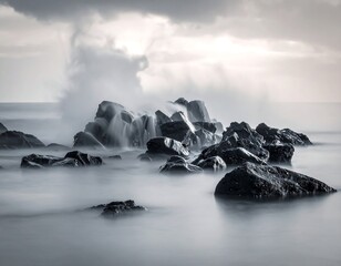 A serene seascape with large rocks and a stormy sky