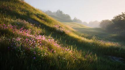 Softly lit wildflower meadow on gentle slope with morning sunlight and peaceful atmosphere