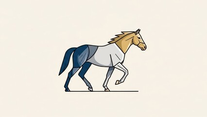 A stylized, abstract illustration of a horse in motion, with a blue and white color scheme.
