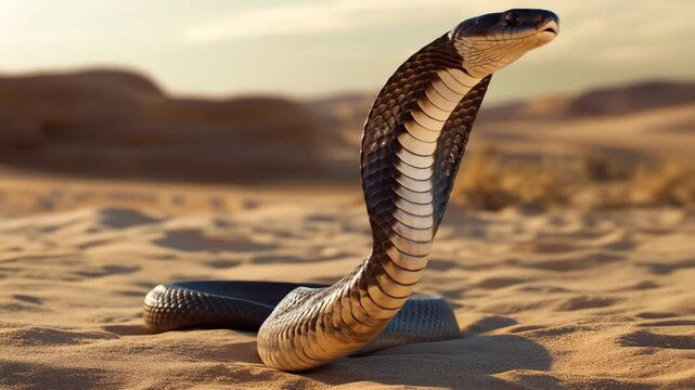 Cobra snake with hood erect in desert environment natural sunlight