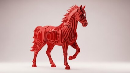 A red horse sculpture on a white background.