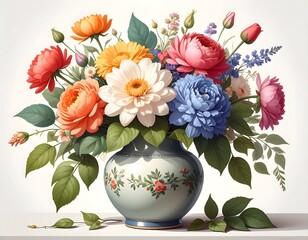 Vibrant flower arrangement in a decorated vase on a white surface, soft lighting, and colorful floral display