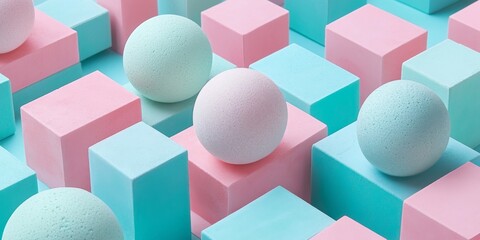 Soft 3D render of pastel pink and blue geometric spheres and blocks arranged in a repetitive, isometric pattern. This minimalist abstract art is ideal for modern web design backgrounds